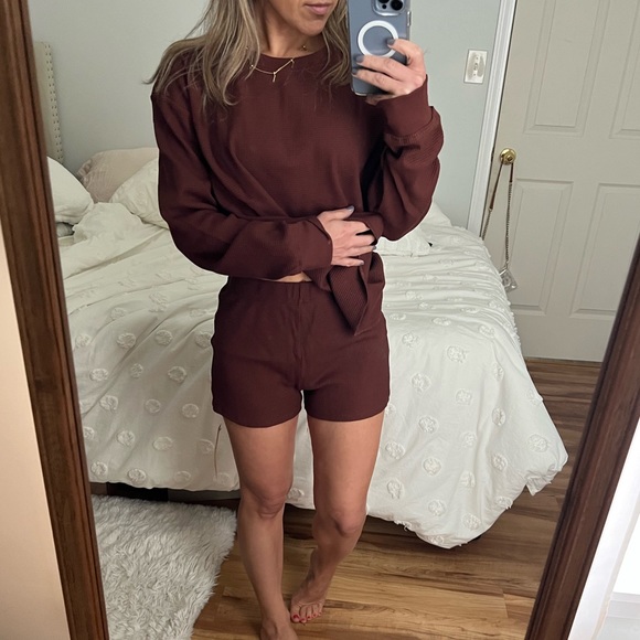 Reformation Other - NWT Reformation Kelsey waffle knit set top shorts s thermal chestnut brown